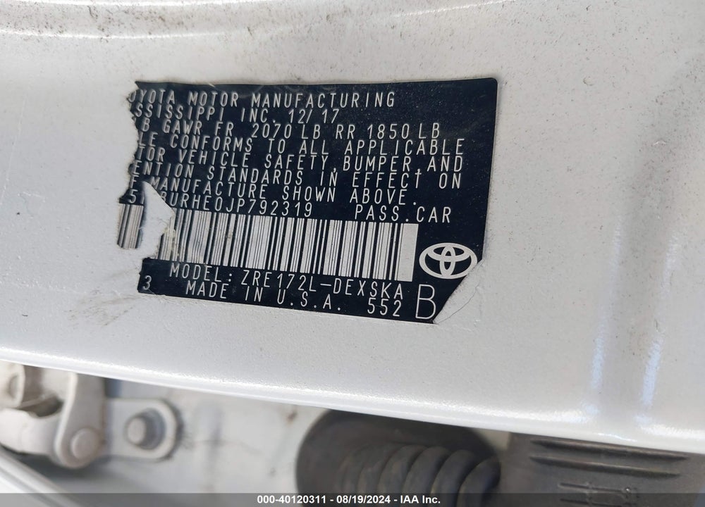 2018 TOYOTA COROLLA SE VIN: 5YFBURHE0JP792319