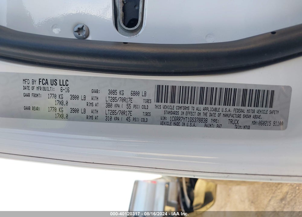 2016 RAM 1500 REBEL VIN: 1C6RR7YT1GS378838