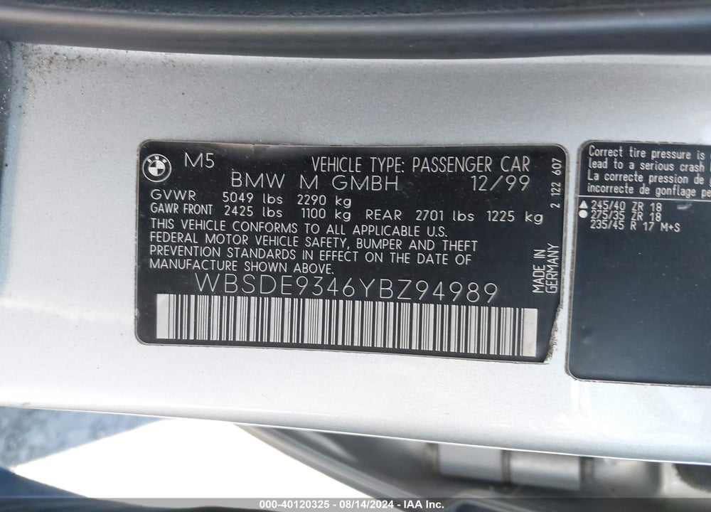 2000 BMW M5 VIN: WBSDE9346YBZ94989