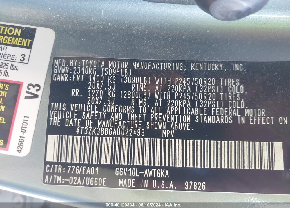2010 TOYOTA VENZA BASE V6 VIN: 4T3ZK3BB6AU022499