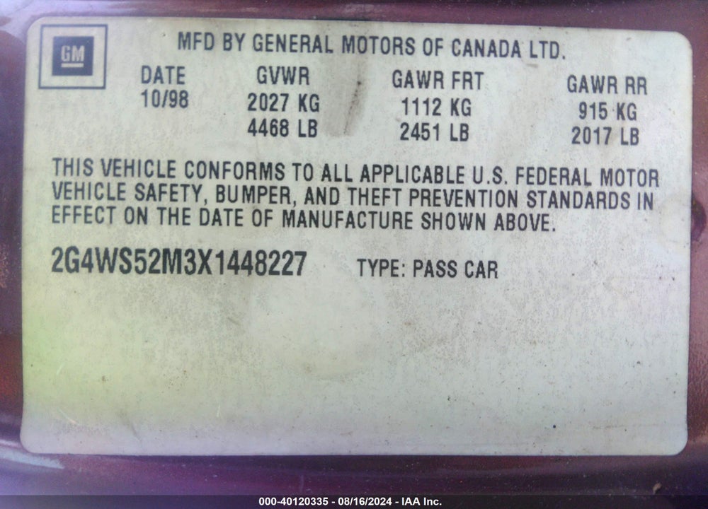 1999 BUICK CENTURY VIN: 2G4WS52M3X1448227
