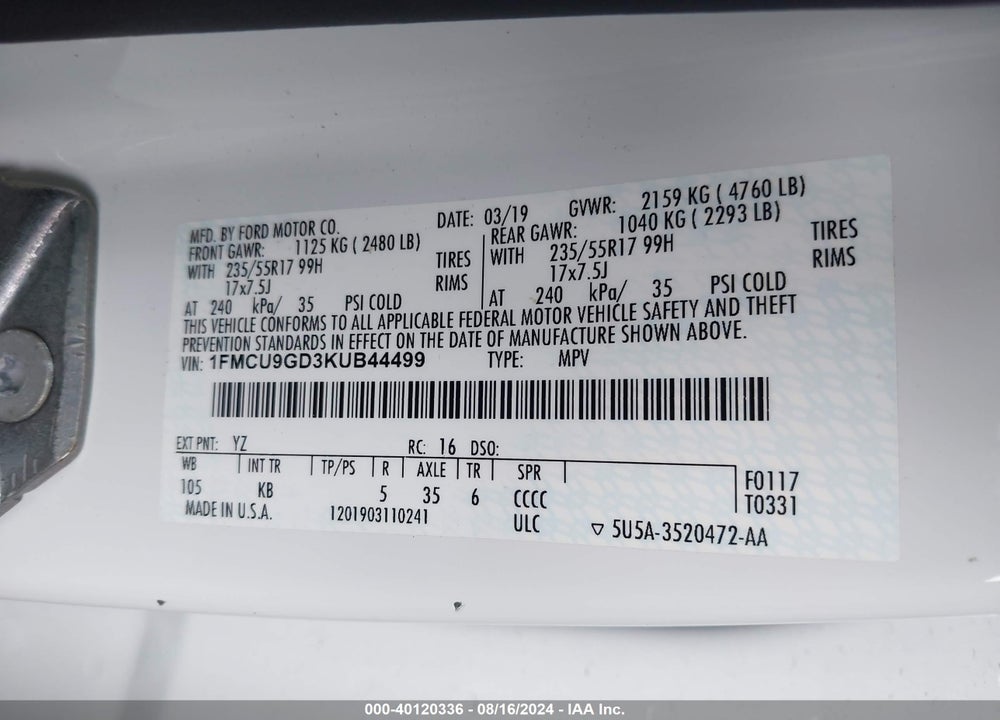 2019 FORD ESCAPE SE VIN: 1FMCU9GD3KUB44499