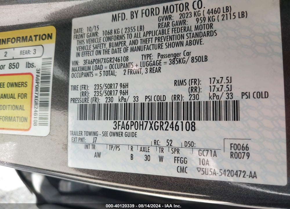2016 FORD FUSION SE VIN: 3FA6P0H7XGR246108