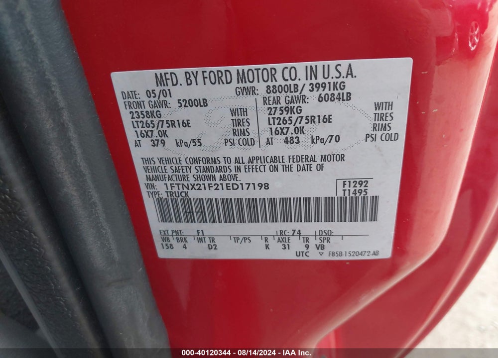 2001 FORD F-250 LARIAT/XL/XLT VIN: 1FTNX21F21ED17198
