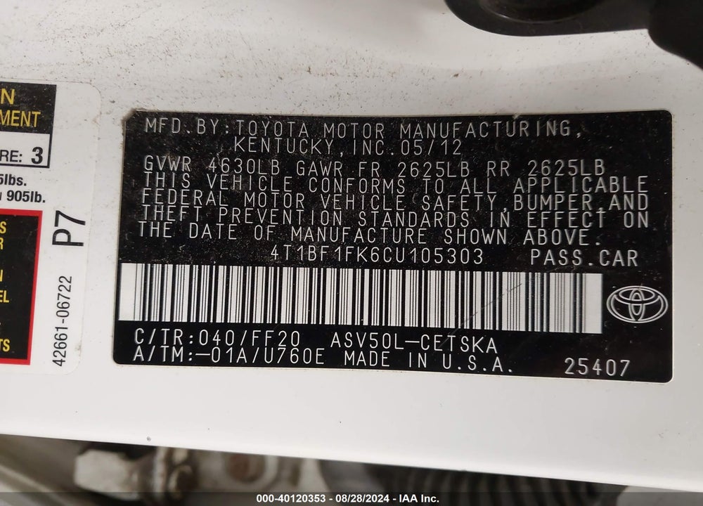 2012 TOYOTA CAMRY SE VIN: 4T1BF1FK6CU105303