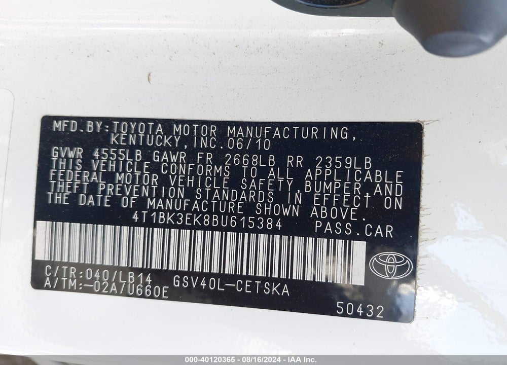 2011 TOYOTA CAMRY SE V6 VIN: 4T1BK3EK8BU615384