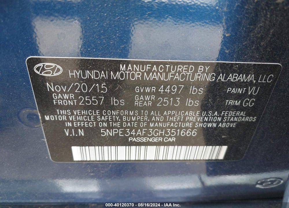 2016 HYUNDAI SONATA SPORT VIN: 5NPE34AF3GH351666