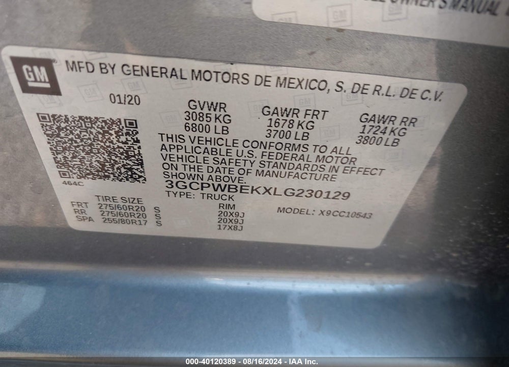 2020 CHEVROLET SILVERADO VIN: 3GCPWBEKXLG230129