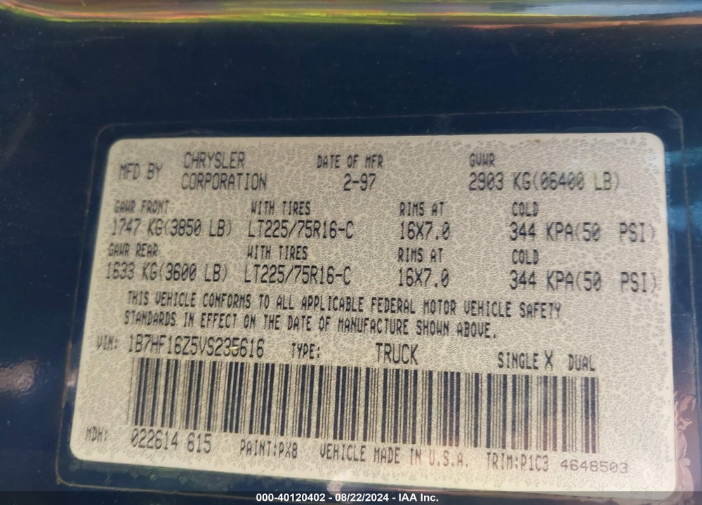 1997 DODGE RAM 1500 LT VIN: 1B7HF16Z5VS235616