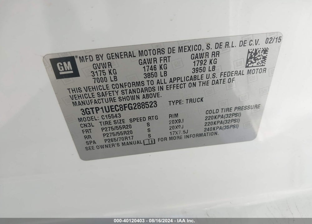 2015 GMC SIERRA 1500 SLE VIN: 3GTP1UEC8FG288523