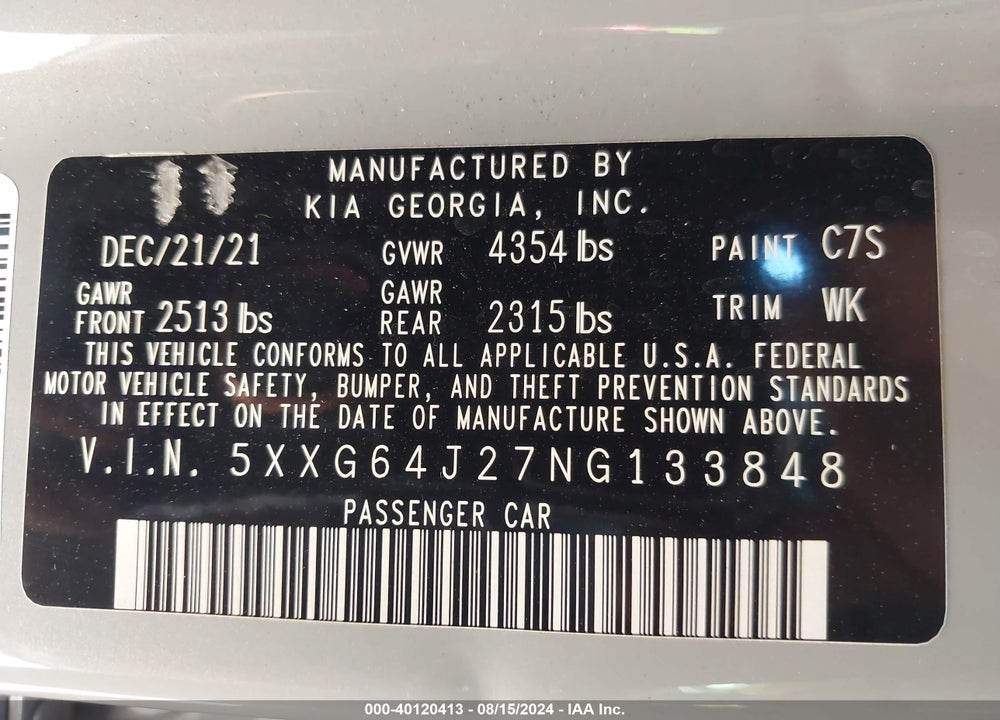 2022 KIA K5 GT LINE VIN: 5XXG64J27NG133848