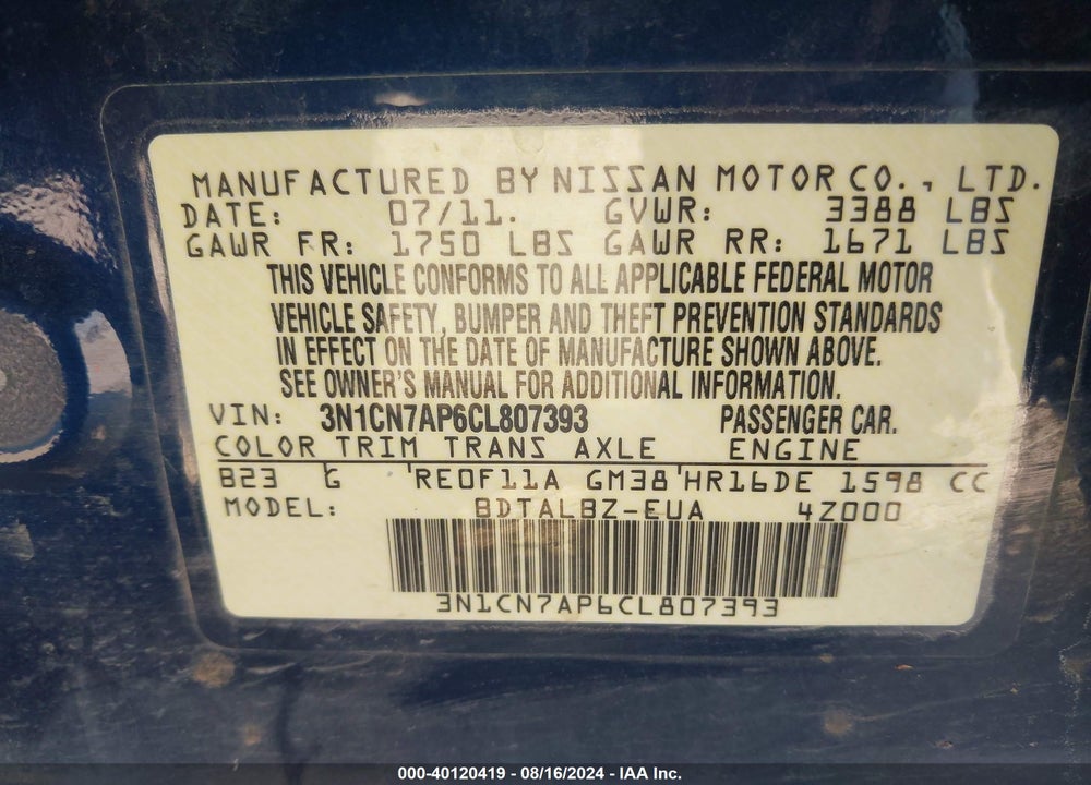 2012 NISSAN VERSA 1.6 SV VIN: 3N1CN7AP6CL807393