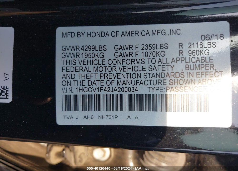 2018 HONDA ACCORD EX VIN: 1HGCV1F42JA200034