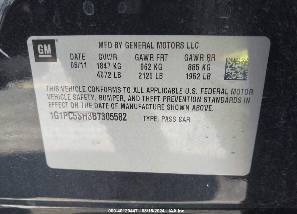 2011 CHEVROLET CRUZE LS VIN: 1G1PC5SH3B7305582