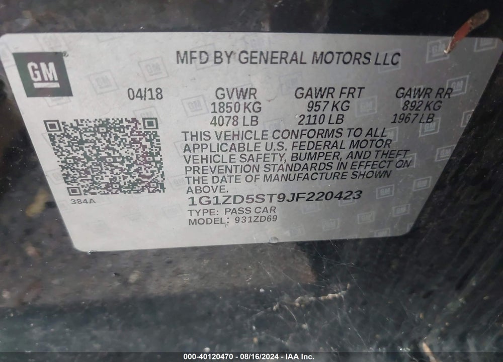 2018 CHEVROLET MALIBU LT VIN: 1G1ZD5ST9JF220423