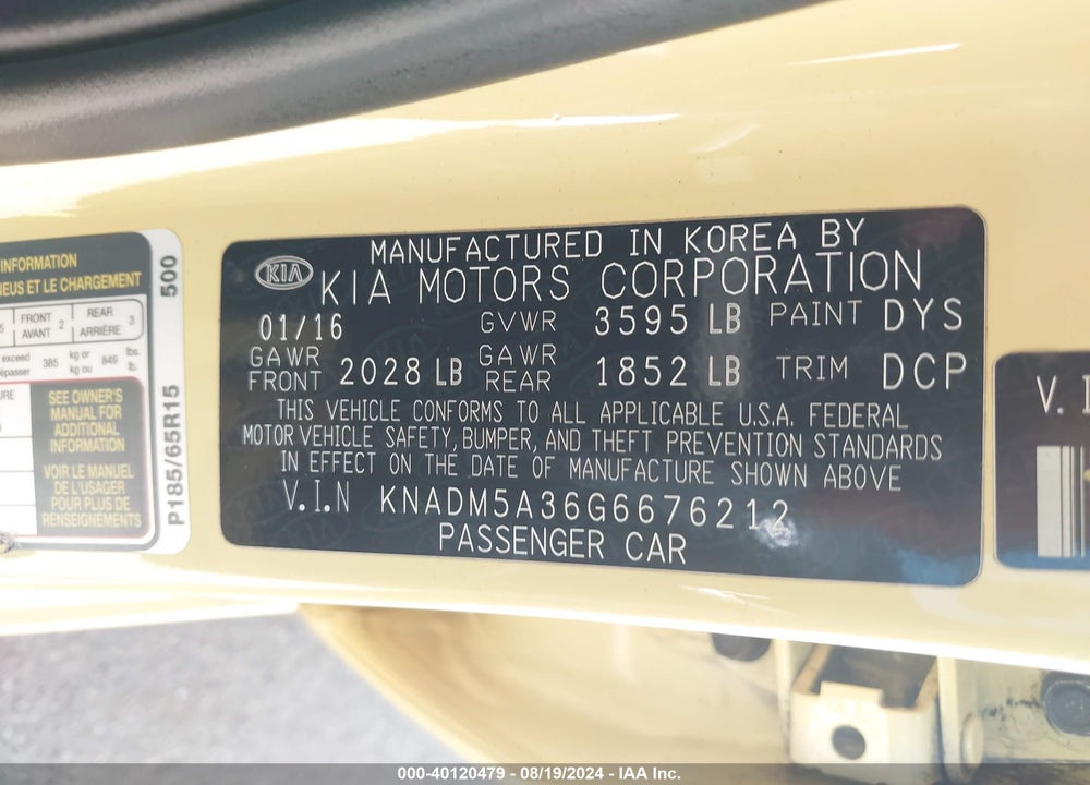 2016 KIA RIO LX VIN: KNADM5A36G6676212