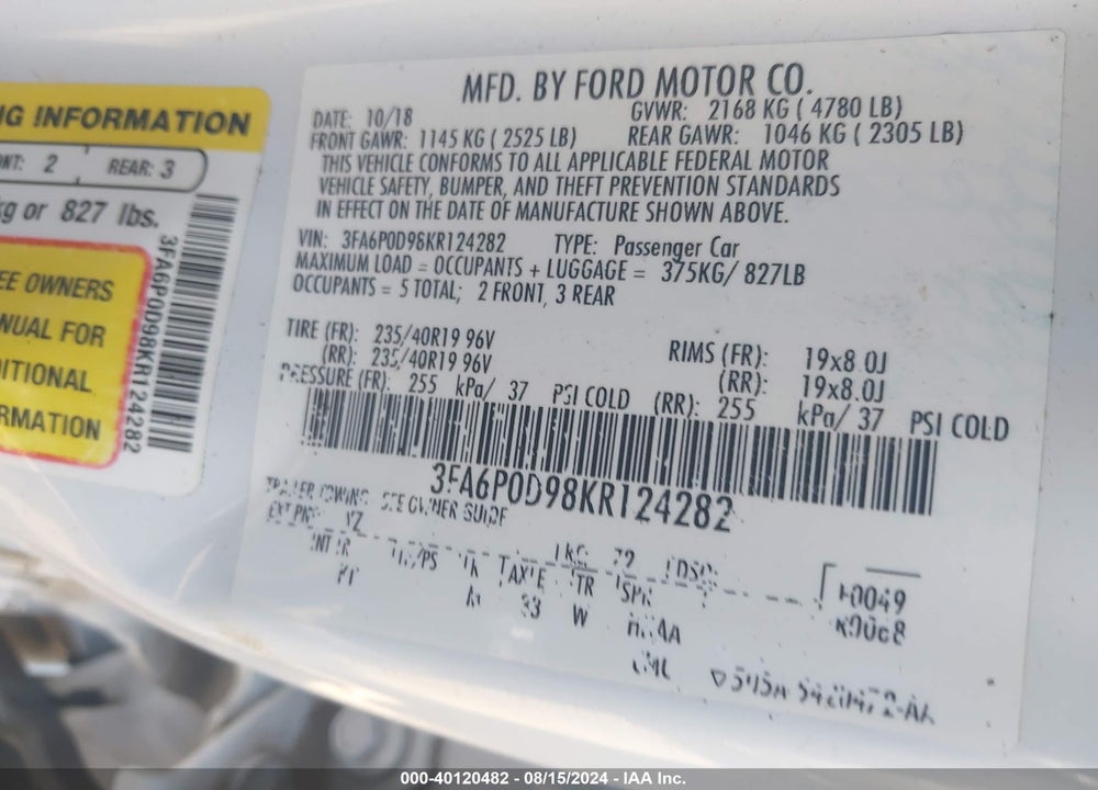 2019 FORD FUSION TITANIUM VIN: 3FA6P0D98KR124282