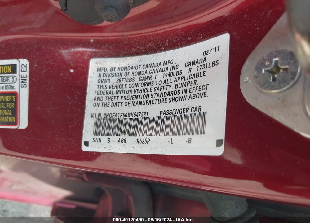 2011 HONDA CIVIC LX VIN: 2HGFA1F56BH547581