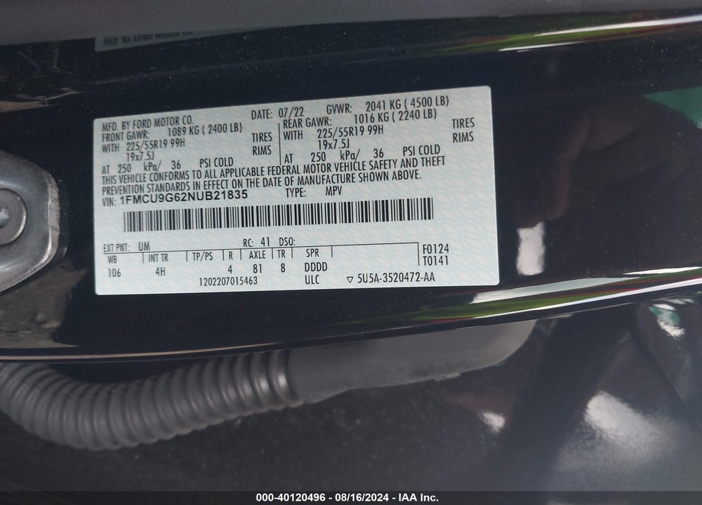 2022 FORD ESCAPE VIN: 1FMCU9G62NUB21835
