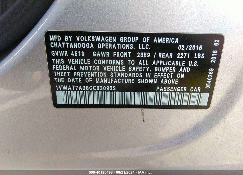 2016 VOLKSWAGEN PASSAT 1.8T S VIN: 1VWAT7A38GC030933