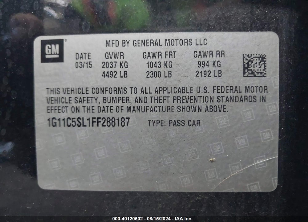2015 CHEVROLET MALIBU 1LT VIN: 1G11C5SL1FF288187