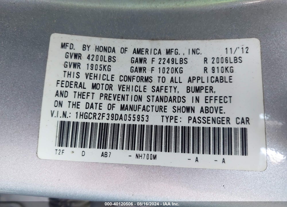 2013 HONDA ACCORD LX VIN: 1HGCR2F39DA055953