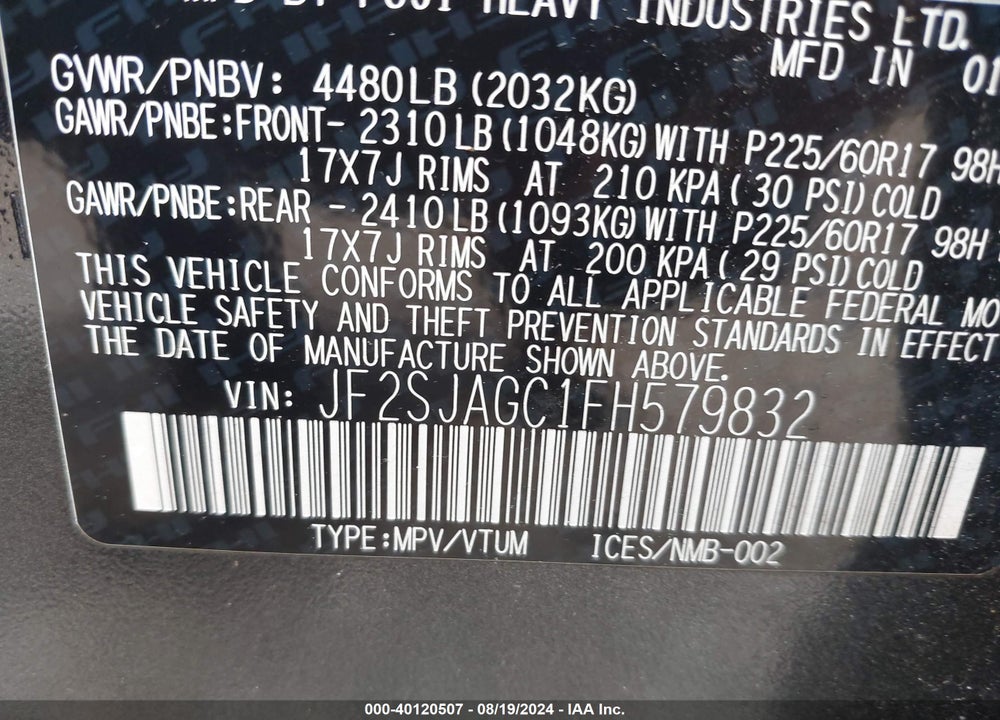 2015 SUBARU FORESTER 2.5I PREMIUM VIN: JF2SJAGC1FH579832