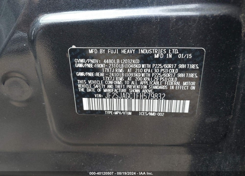 2015 SUBARU FORESTER 2.5I PREMIUM VIN: JF2SJAGC1FH579832