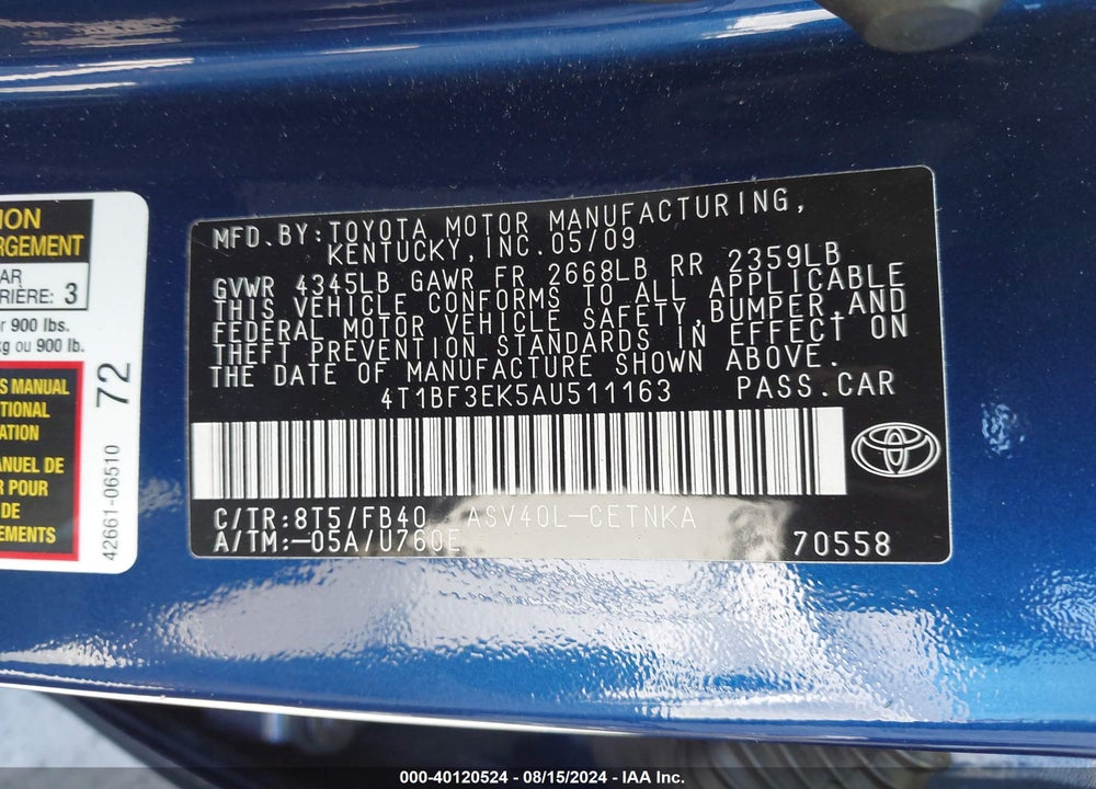 2010 TOYOTA CAMRY VIN: 4T1BF3EK5AU511163