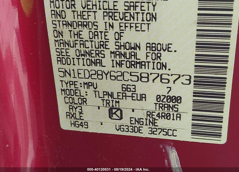 2002 NISSAN XTERRA XE VIN: 5N1ED28Y62C587673