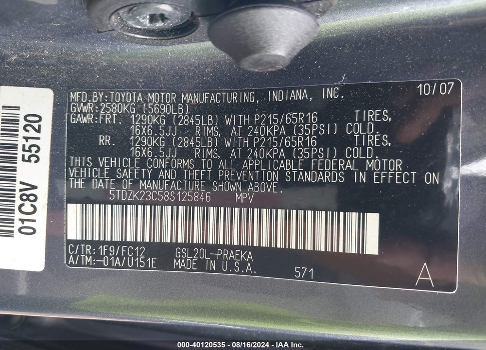 2008 TOYOTA SIENNA LE VIN: 5TDZK23C58S125846