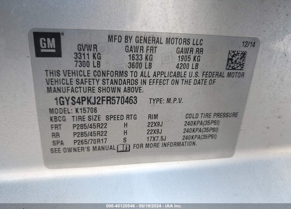 2015 CADILLAC ESCALADE PLATINUM VIN: 1GYS4PKJ2FR570463