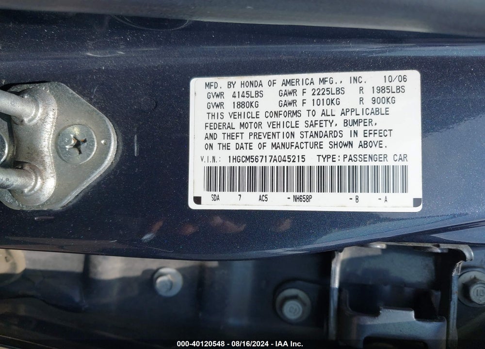2007 HONDA ACCORD VIN: 1HGCM56717A045215