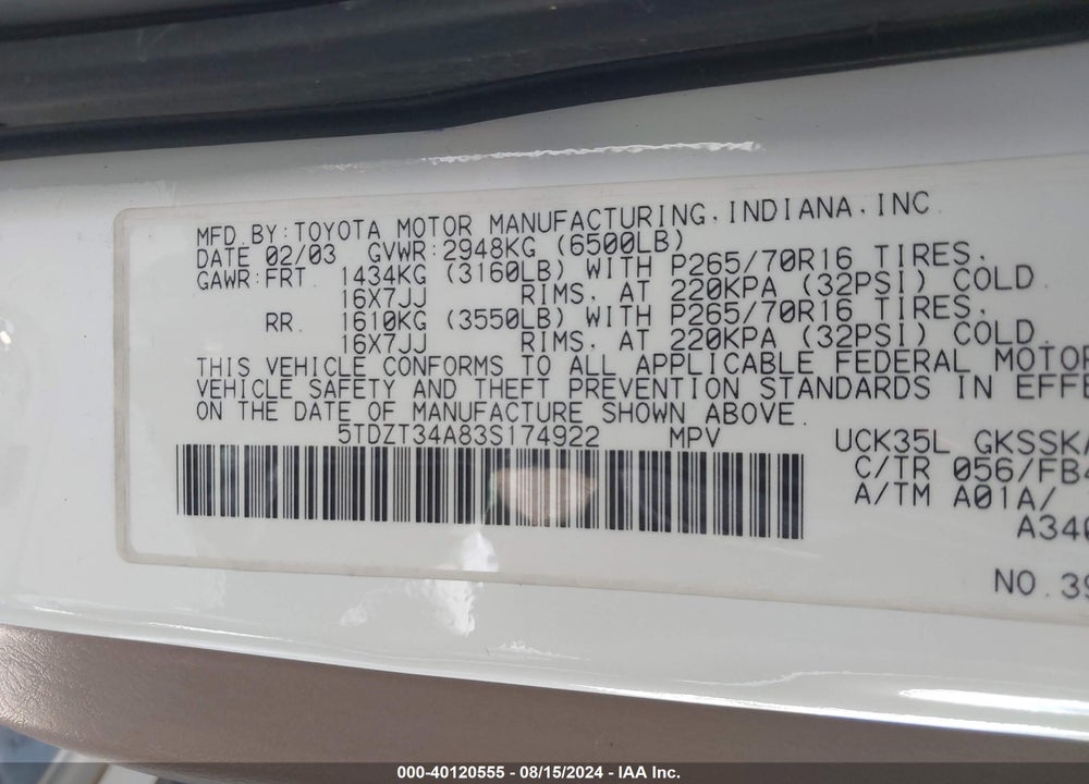 2003 TOYOTA SEQUOIA SR5 V8 VIN: 5TDZT34A83S174922