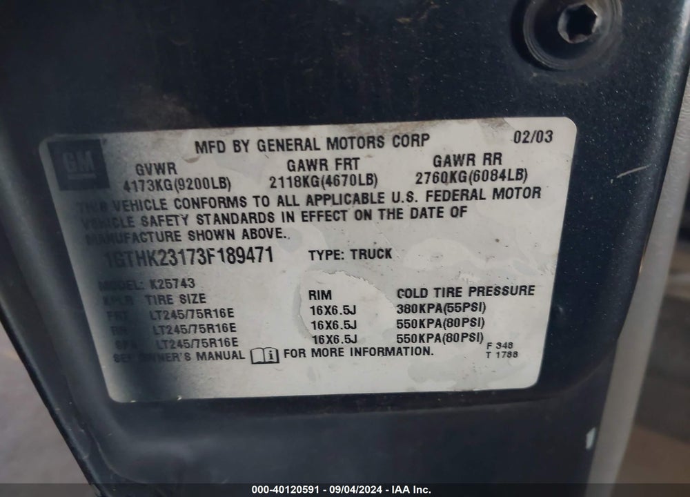2003 GMC SIERRA 2500HD SLT VIN: 1GTHK23173F189471