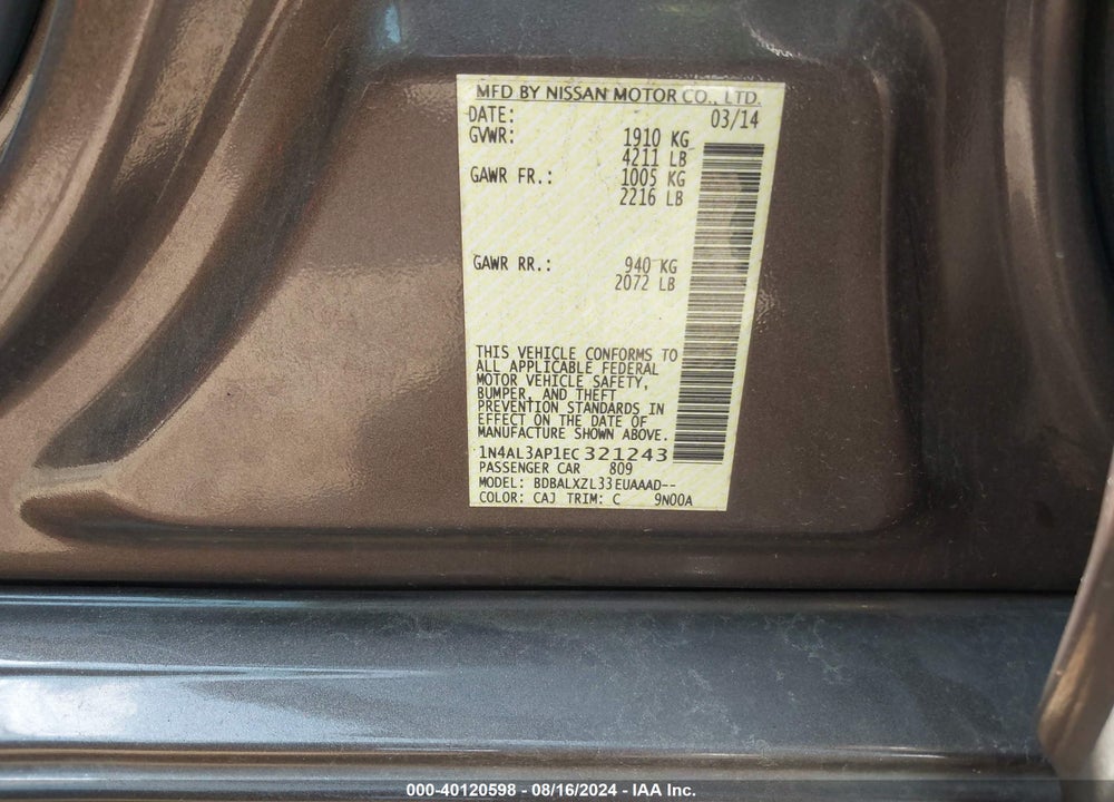 2014 NISSAN ALTIMA 2.5 SL VIN: 1N4AL3AP1EC321243