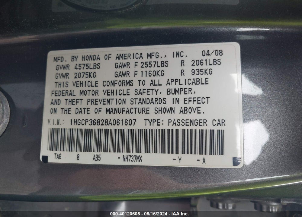 2008 HONDA ACCORD 3.5 EX-L VIN: 1HGCP36828A061607