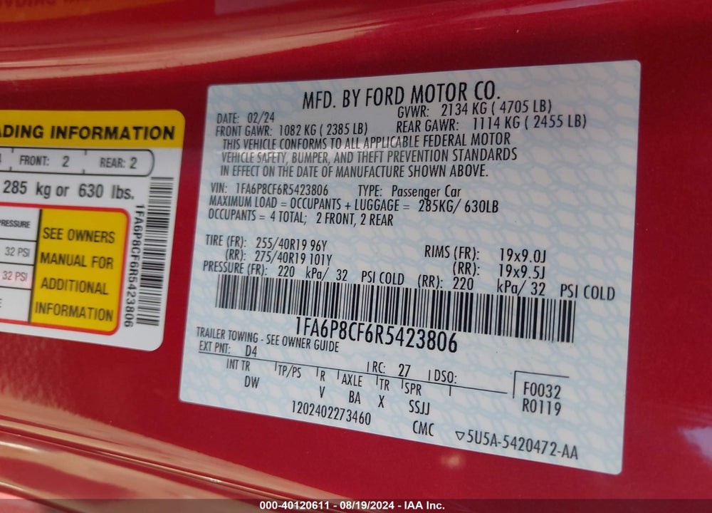 2024 FORD MUSTANG GT FASTBACK VIN: 1FA6P8CF6R5423806