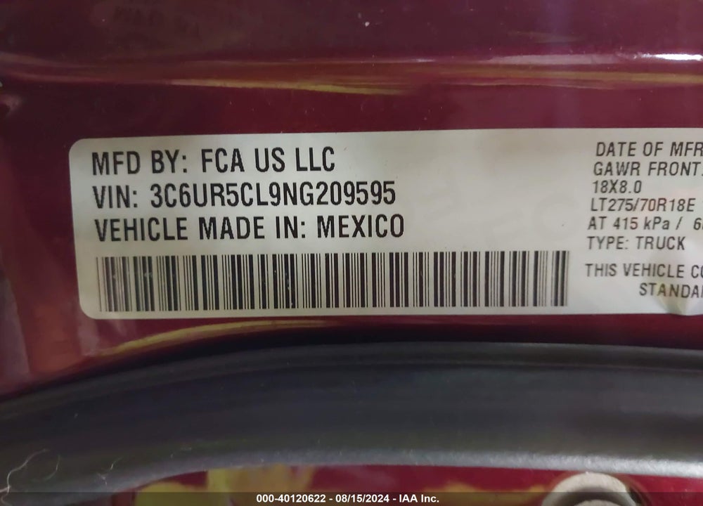 2022 RAM 2500 TRADESMAN 4X4 6'4 BOX VIN: 3C6UR5CL9NG209595