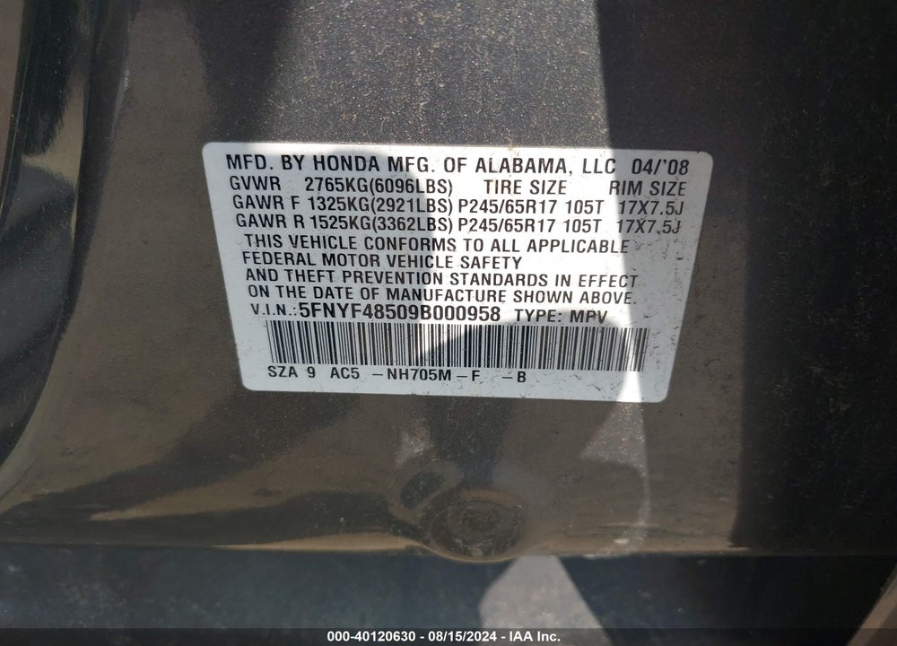 2009 HONDA PILOT EX-L VIN: 5FNYF48509B000958