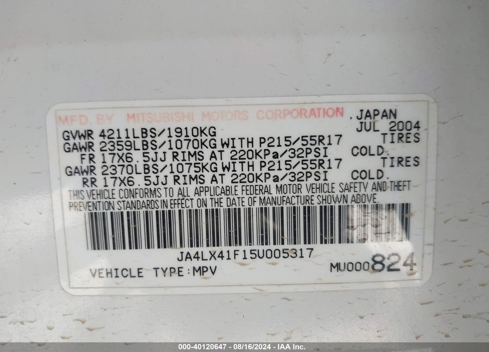 2005 MITSUBISHI OUTLANDER XLS VIN: JA4LX41F15U005317
