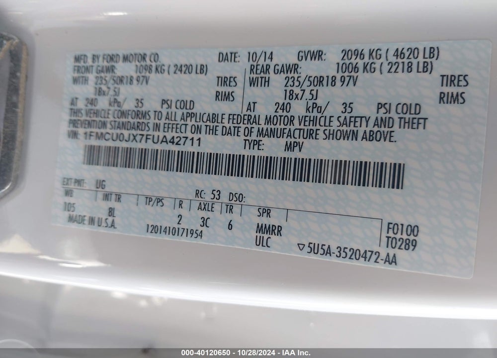 2015 FORD ESCAPE TITANIUM VIN: 1FMCU0JX7FUA42711
