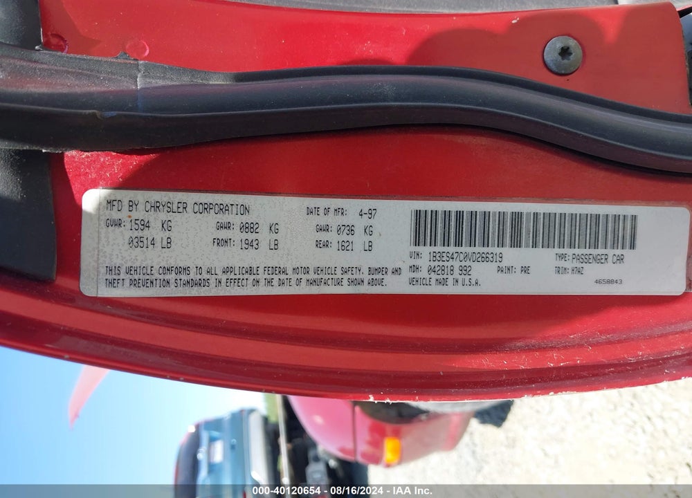 1997 DODGE NEON HIGHLINE VIN: 1B3ES47C0VD266319