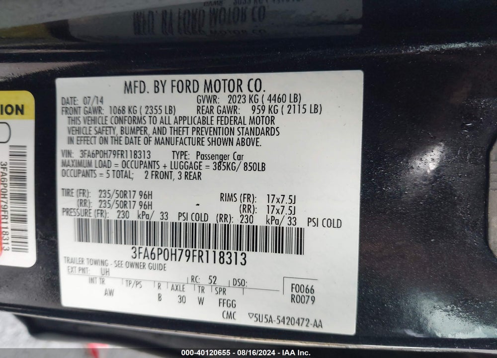 2015 FORD FUSION VIN: 3FA6P0H79FR118313