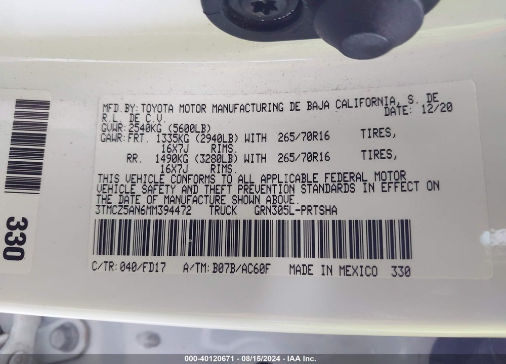 2021 TOYOTA TACOMA TRD OFF ROAD VIN: 3TMCZ5AN6MM394472