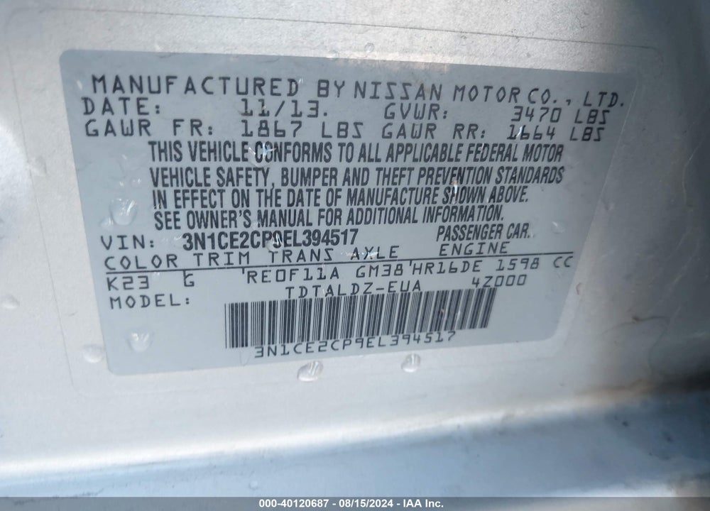 2014 NISSAN VERSA NOTE S (SR)/S PLUS/SV VIN: 3N1CE2CP9EL394517