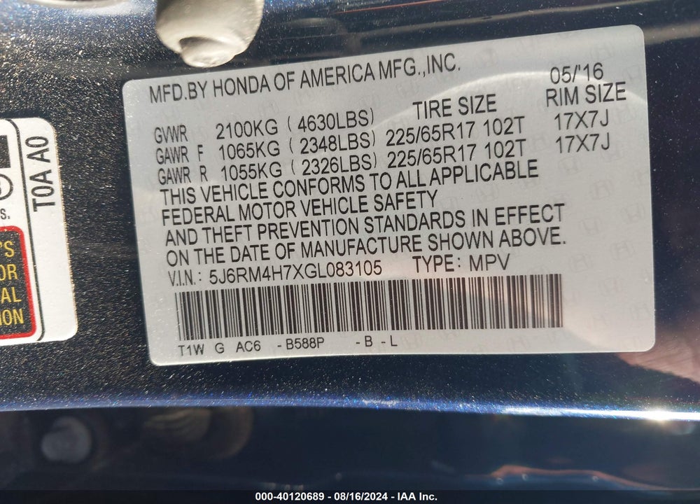 2016 HONDA CR-V EX-L VIN: 5J6RM4H7XGL083105