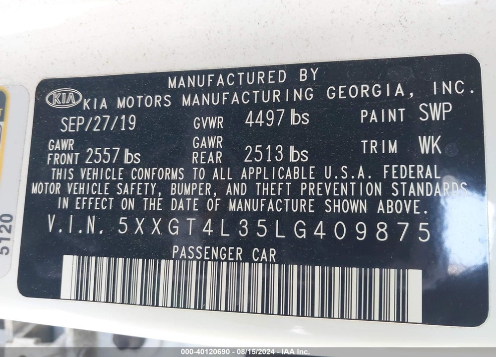 2020 KIA OPTIMA LX VIN: 5XXGT4L35LG409875