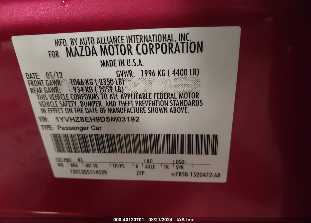 2013 MAZDA 6 I TOURING PLUS VIN: 1YVHZ8EH9D5M03192