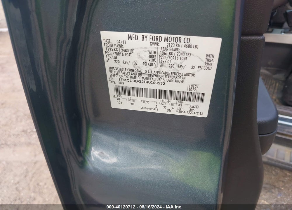 2011 FORD ESCAPE XLT VIN: 1FMCU9DG2BKC09532